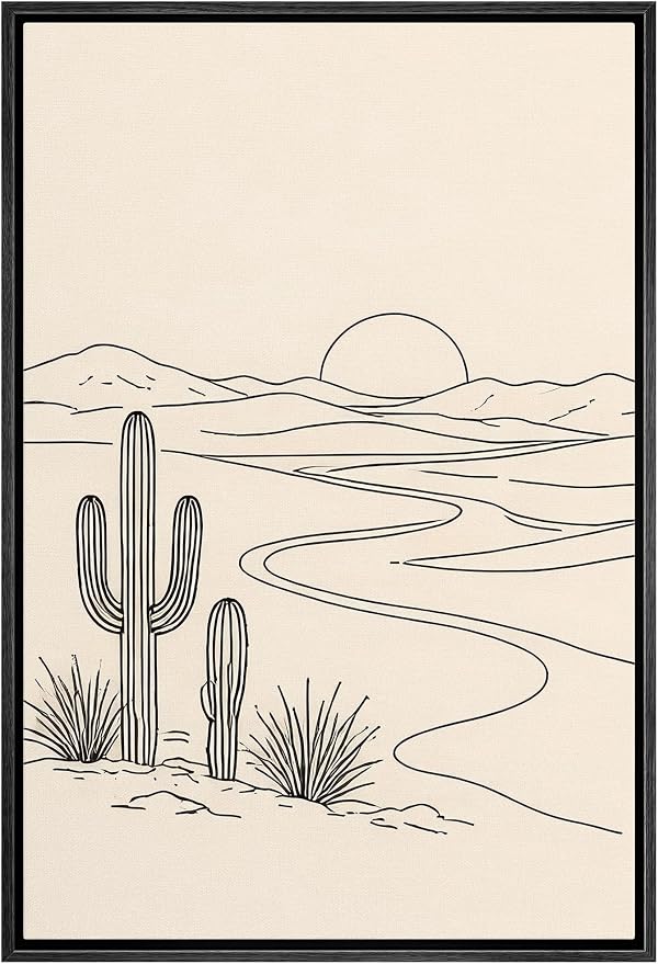 Woodrose Framed Canvas Print Wall Art Minimalist Desert Landscape Line Illustrations Modern Art Minimalist 3D Colorful Ultra for Living Room, Bedroom, Office - 16"x24" BLACK