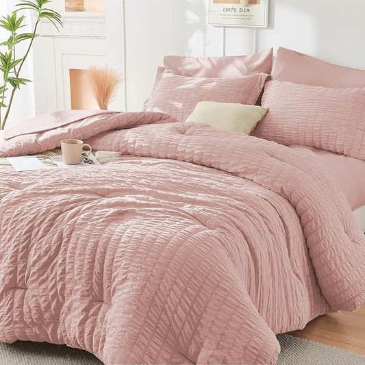 HYMOKEGE Rose Gold Twin Comforter Set Seersucker 5 Pieces, All Season Luxury Bed in a Bag Queen for Bedroom, Bedding Set with Comforter, Sheets, Pillowcase & Sham