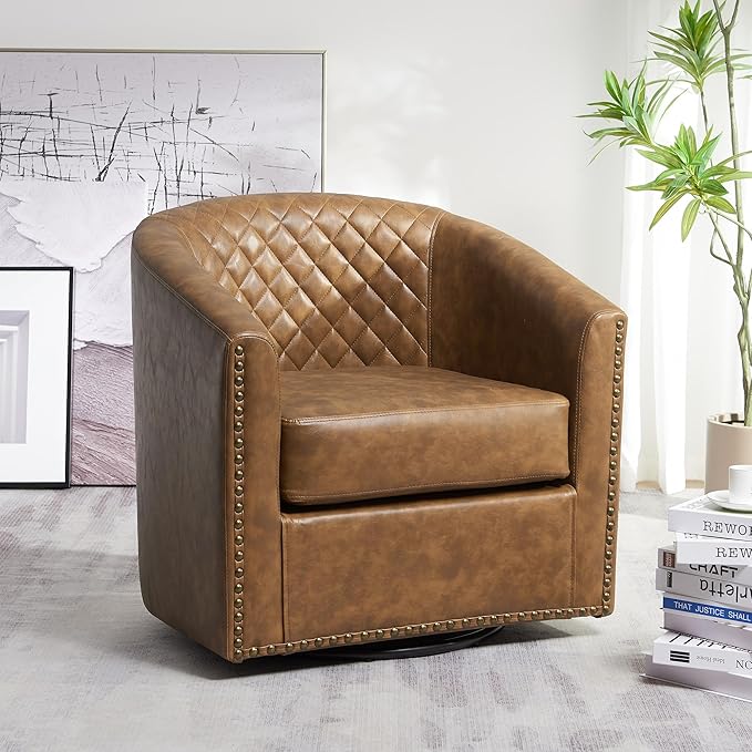 KINWELL 29" Wide Tufted Faux Leather Swivel Barrel Chair, PU Leather Modern Upholstered Accent Chairs with Nailhead Trim, Small Armchair for Living Room Bedroom, Coffee