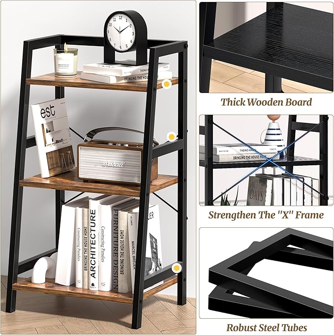 3-Tier Bookshelf, Ladder Shelf, Industrial Bookcase with Steel Frame, Metal Small Bookcase, stand up shelves for Living Room, Home Office, Kitchen, Bedroom, Industrial Style（Rustic Brown & Black）