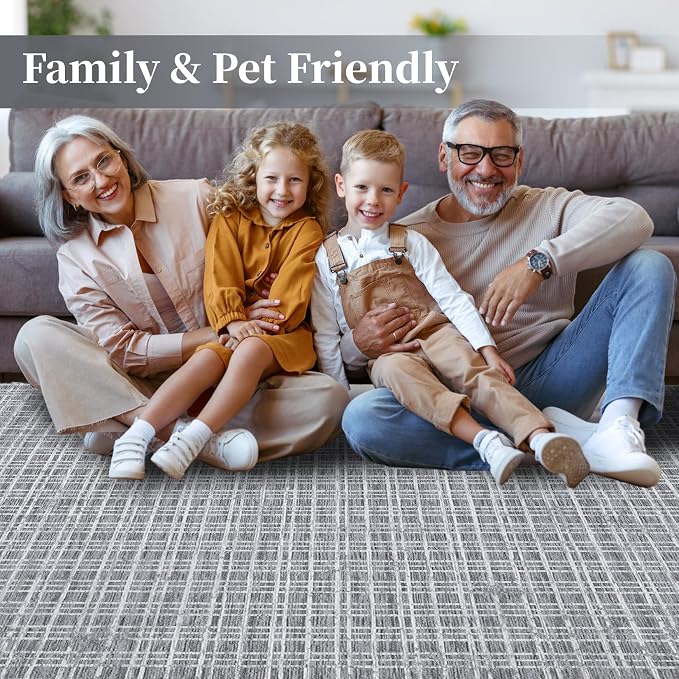 Washable Rug 6 x 9 Area Rug for Living Room Modern Large Area Rug for Bedroom Farmhouse Grid Non Slip Throw Rugs Soft Faux Wool Low Pile Stain Resistant Carpet for Dining Room 6'x9' Grey