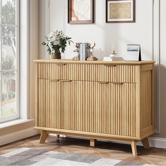 QUW Fluted Buffet Sideboard Cabinet with Storage, 47.2" Kitchen Cabinet with Drawers and Adjustable Shelves, Modern Coffee Bar with Charging Station, for Dining Room, Living Room, Natural Oak