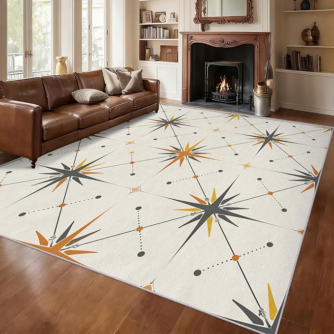 Atomic Rugs for Entryway 2x3 ft, Mid Century Modern Area Rugs for Bedroom, Washable Non Slip Low Pile Small Starburst Carpet, Indoor Door Mat, Home Decor PF-P 107