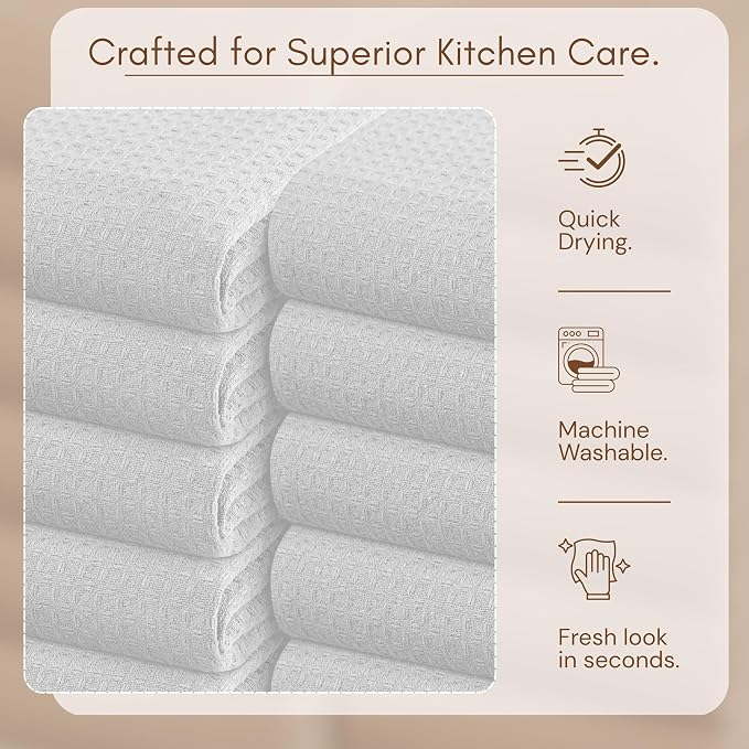 TWINY threads Kitchen Towel Waffle Weave, 4 Pack, 16x26 Inches, Premium Cotton Dish Rags, Absorbent Quick Drying Linen for Home and Restaurant Kitchens, Reusable Wash Cloths for Drying Dishes, White