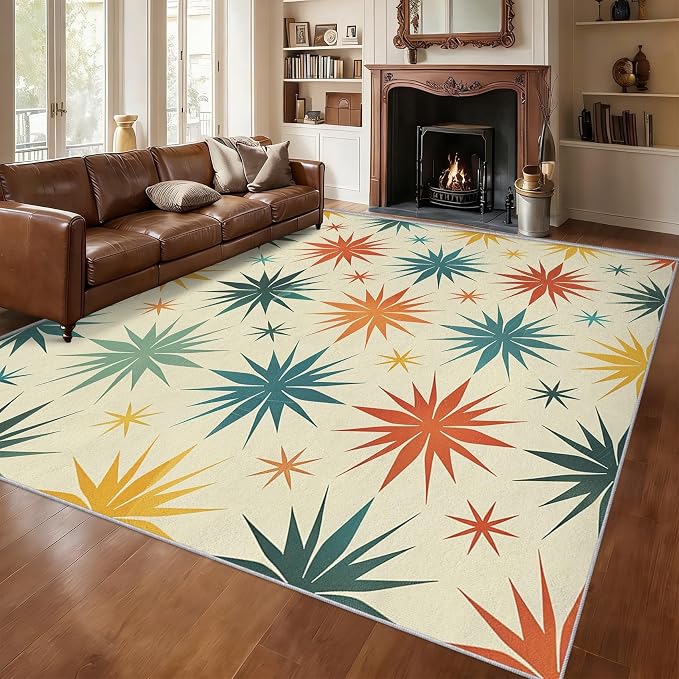 Retro Atomic Rugs for Living Room Decor, 6x9 ft, Mid Century Modern Area Rugs for Bedroom, Soft Non Slip Washable 50s Abstract Geometric Carpet Home Decorations D-g48