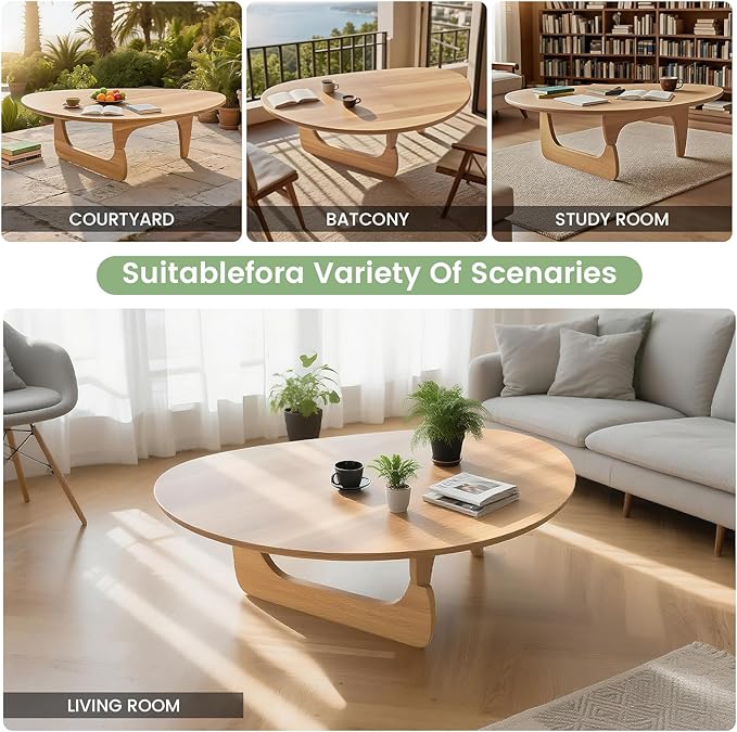 Solid Wooden Modern Triangle Coffee Table: Unique Funky Coffee Tables for Living Room, Oval Mid-Century Irregular Abstract Tea Tables for Patio Office Balcony Bedroom (Natural, 50" L x 31" W x 16" H)