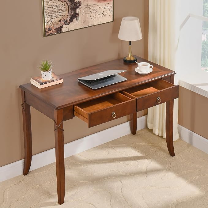 Large Computer Desk Office Table with 2 Drawers, 46" Solid Wood Study Writing Desk Workstation with Storage Space, Mid-Century Vanity Dressing Table for Office, Easy Assembly Caramel Brown BSZ-DR200