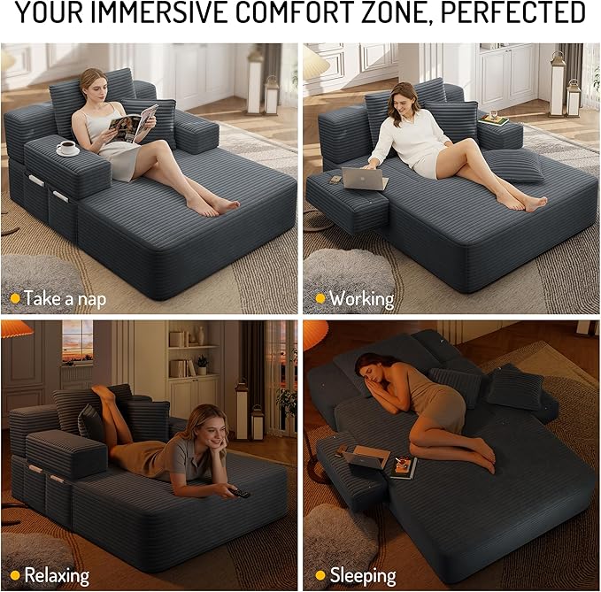48.5" Oversized Chaise Lounge Chair Indoor, 3-in-1 Convertible Sleeper Sofa Bed, Plush Corduroy Boneless Chaise with 3 Pillows & Side Pockets, Adjustable Back/Armrest for Living Room - Dark Grey