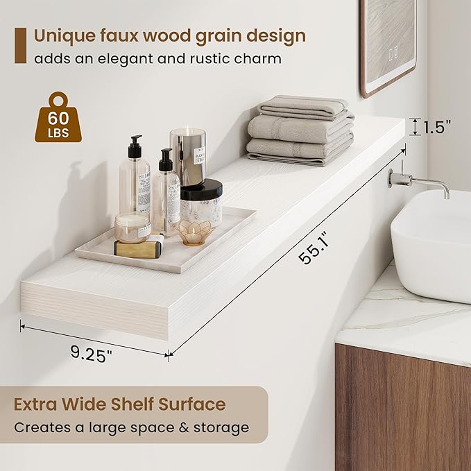 55in Floating Shelves for Wall, 55"W x 9.25"D x 1.5"H, Long Wall Mounted Engineered Wood Shelves with Invisible Brackets for Living Room, Bedroom, Bathroom, Kitchen Decor and Storage, White