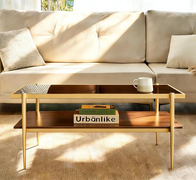 Shrine Rectangle Coffee Table, Mid-Century Modern Design, Two-Tier Walnut MDF Table, 39.4" D x 21.6" W x 17.3" H, Sleek Conical Metal Legs with Gold Finish