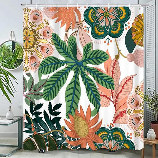 Boho Floral Bathroom Shower Curtain - Tropical Green Leaves, Pink Flowers - Waterproof Polyester Fabric - Mid Century Modern Decorative, 65x72 Inch