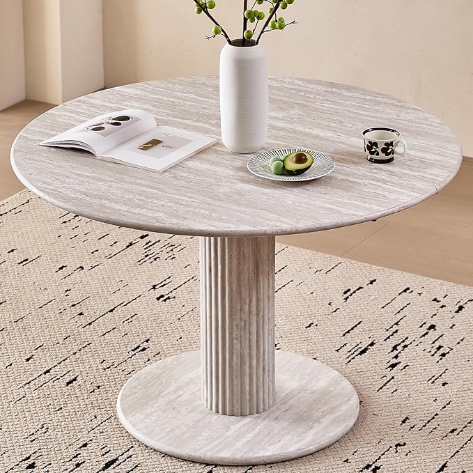 47" Round Dining Table for 4, [Cylinder Pedestal Base] [Stone-Patterned] Modern Circle Dinner Table for Kitchen Dining Living Room, Grey