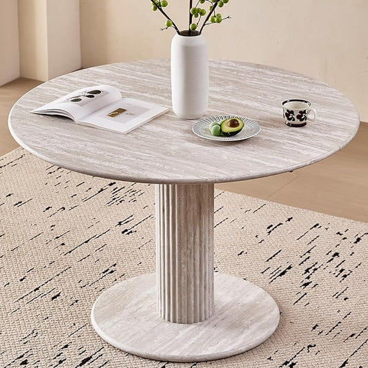47" Round Dining Table for 4, [Cylinder Pedestal Base] [Stone-Patterned] Modern Circle Dinner Table for Kitchen Dining Living Room, Grey