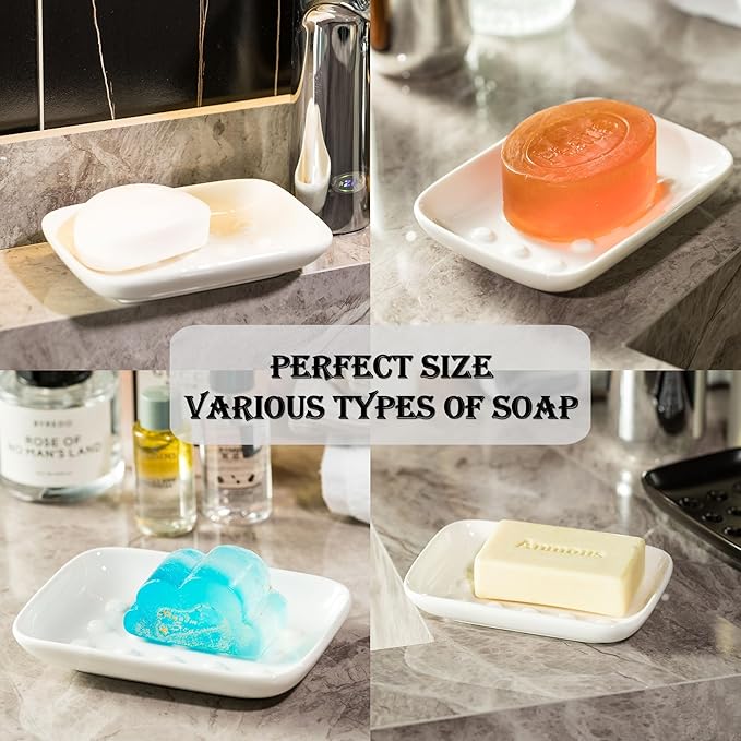 Soap Dish, Ceramic Soap Holder Shower Soap Dish for Bar Soap Sponge, Soap Saver Tray for Bathroom Kitchen Sink, White (Pack of 2)