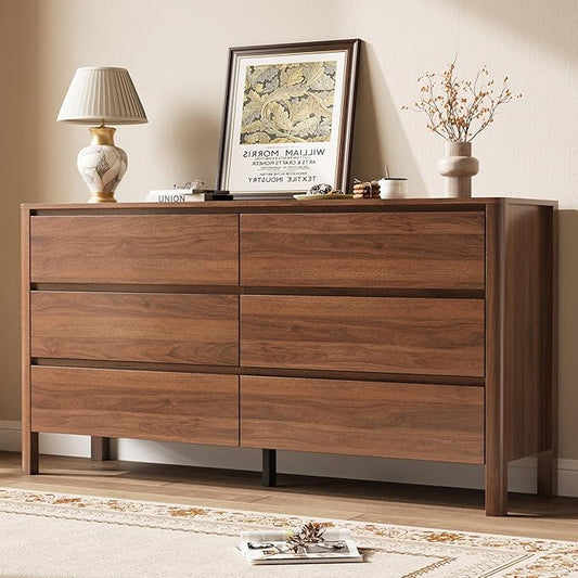 Walnut Dresser for Bedroom, 55.1" Wide Dresser with 6 Drawers and Hidden Handles, Modern Wood Chest of Drawers for Clothes and Accessories, Stylish Storage Cabinet for Living Room, Entryway