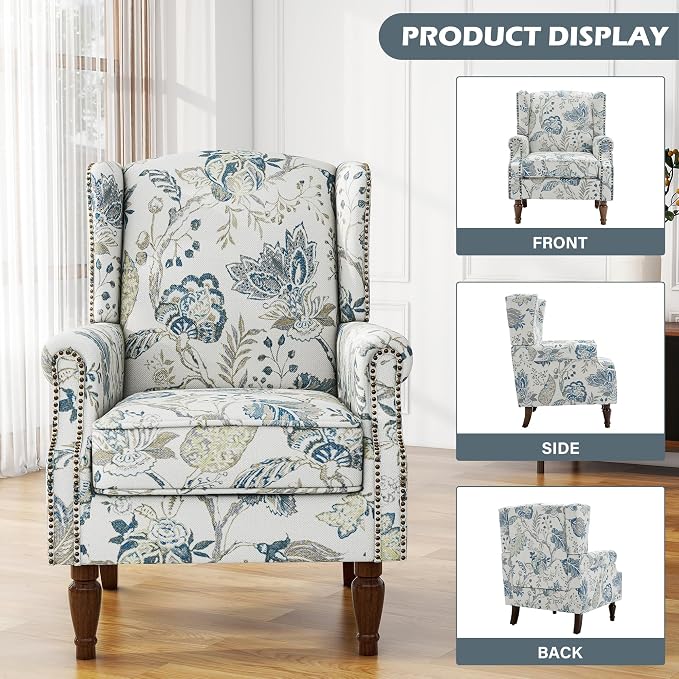 High Back Floral Accent Chairs Set of 2, Upholstered Armchair in Fabric, Retro Printed Wingback Arm Chair for Living Room, Nailhead Trim Single Sofa Bedroom Reading Seat - Plants Blue