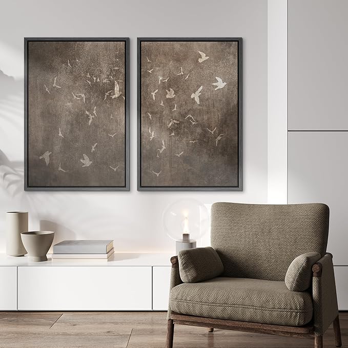 IDEA4WALL Framed Canvas Print Wall Art Set Flying Birds Silhouette Rustic Neutral Tone Abstract Illustrations Modern Art Decorative Calm/Zen for Living Room, Bedroom, Office - 16"x24"x2 Black