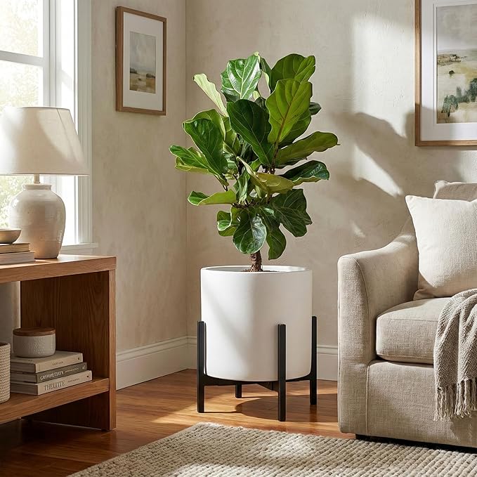 FaithLand Plant Pot 14 inch - Perfectly Fits Mid-Century Modern Plant Stand - Drainage Plug and Drainage Mesh Screen - Matte White