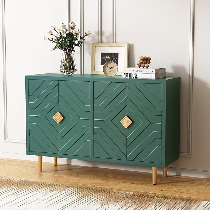 HLR 48" Accent Cabinet with 4 Doors and Shelves, Modern Sideboard Buffet Cabinet with Decorative Embossed Pattern Doors, Credenza Storage Cabinet for Living Room, Kitchen, Dining Room, Hallway