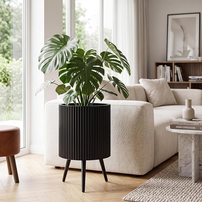 Giantex 14 inch Plant Pot with Stand Set of 2, Mid-Century Modern Fluted Planter with Built-in Drainage Holes, Metal Flower Pot with Tapered Legs for Living Room, Office, Porch, Garden