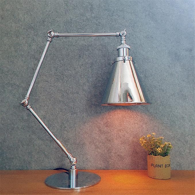 Makeup Vintage Desk Lamp, Industrial Metal Task Table Lamp with Adjustable Swing Arm, Bedroom Bedside Night Light Cafe Antique Reading Lighting,Chrome