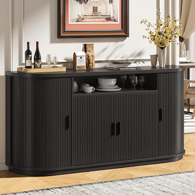 63" Sideboard Buffet Cabinet with Storage, Modern Fluted Accent Credenza with Sliding Doors, Drawers and Adjustable Shelves, Wood Coffee Bar Console Table for Kitchen, Living Room, Enrtyway (Black)