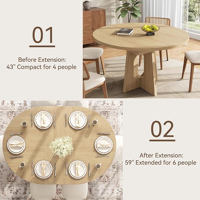 59-Inch Extendable Round Dining Table for Dining Room, 4-6 People Farmhouse Oval Wood Expandable Kitchen Dinner Table with Heavy Cross Pedestal for Living Room, Apartment, Light Oak