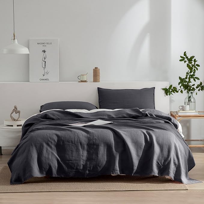 EVERLY Linen Sheets Set Full Size,100% French Stonewash Pure Linen Bed Sheets,4Pieces (1Flat Sheet,1Fitted Sheet,2Pillowcase) Suitable for Hot Sleepers,Deep Pocket Natural Bedding Set-Dark Grey