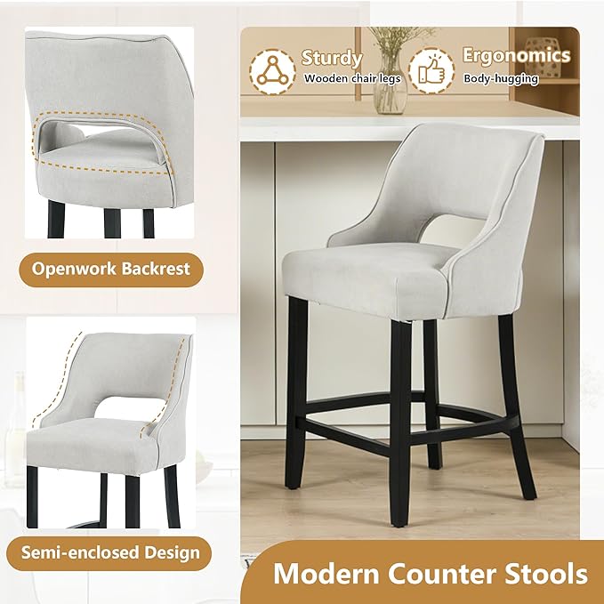 ClinQ Bar Stools Set of 4, 26" H Counter Height Bar Stools with Backs, Modern Upholstered Accent Barstools with Curved Footrest for Kitchen Island, Dining Room and Bar, Grey-Black Legs