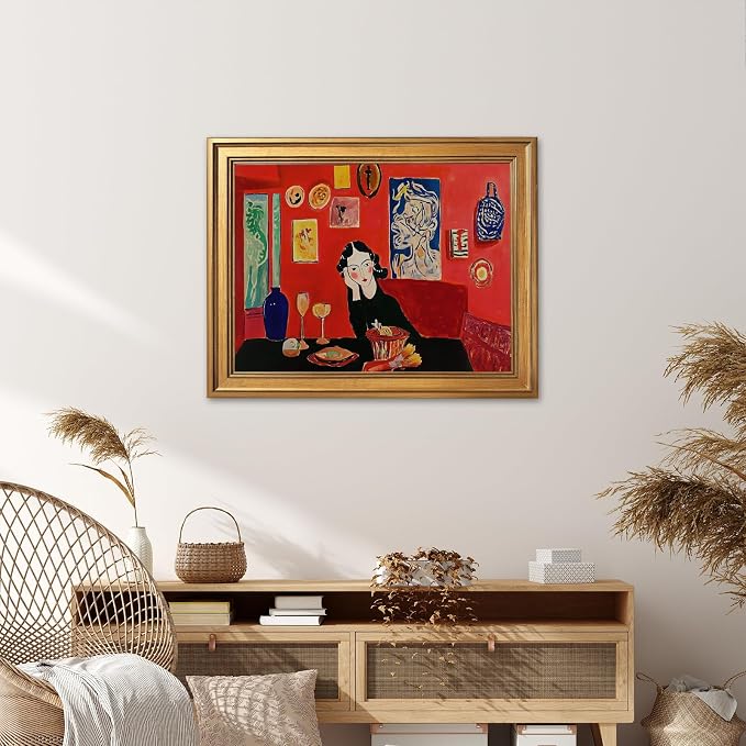 Gold Framed Modern Abstract Woman Wall Art Vintage Mid Century Home Lady Red Poster Colorful Expressionist Feminist Girl Canvas Painting Print Gallery Bedroom Wall Decor 24x36inch