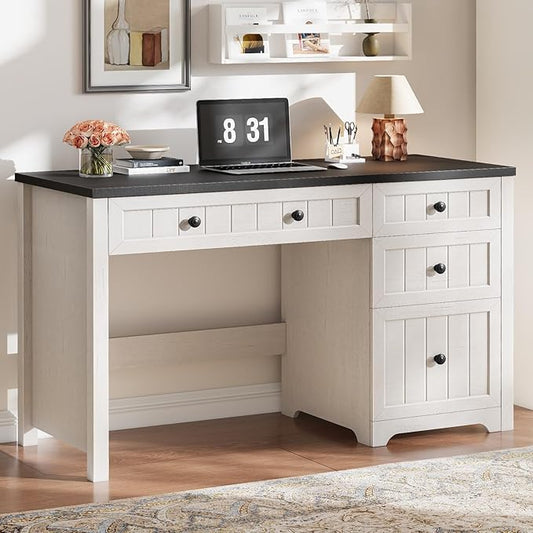 Vabches Farmhouse Executive Desk with 4 Drawers, Home Office Desk with File Drawer, Wood Computer Desk with Storage, Rustic Office Desk for Work Study Writing, Black White