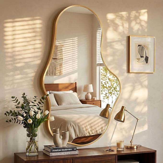 Irregular Wall Mirror, 24"x40" Gold Abstract Asymmetrical Mirrors for Wall, Decorative Cloud Aesthetic Mirror for Bathroom, Bedroom, Cloakroom, Entryway, Shatter-Proof Aluminum Alloy Frame