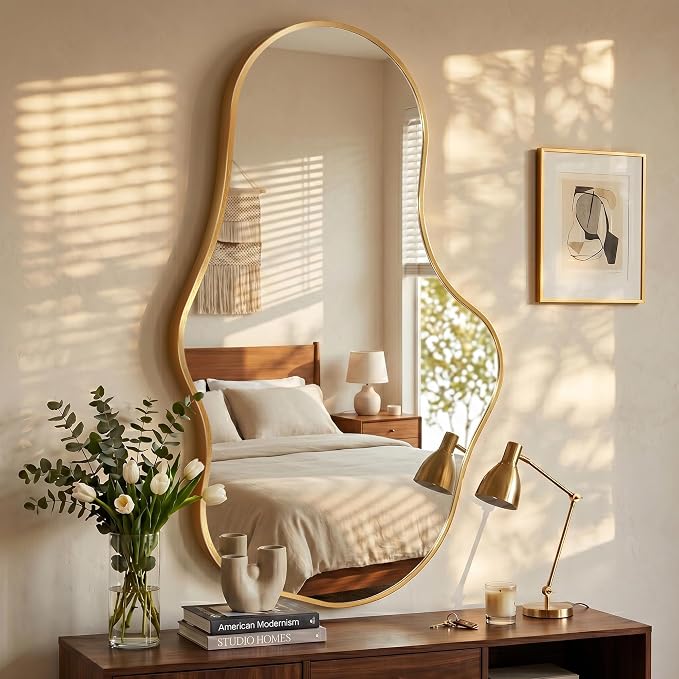 Irregular Wall Mirror, 22"x36" Gold Abstract Asymmetrical Mirrors for Wall, Decorative Cloud Aesthetic Mirror for Bathroom, Bedroom, Cloakroom, Entryway, Shatter-Proof Aluminum Alloy Frame