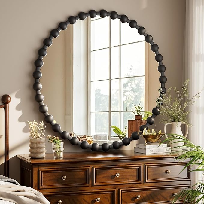 Easly Round Mirror for Wall, 32 Inch Black Beaded Frame Decorative Vanity Mirror, Circle Bathroom Mirror with High-Definition Lense, Modern Wall Decor for Bathroom, Living Room, Bedroom, Entryway