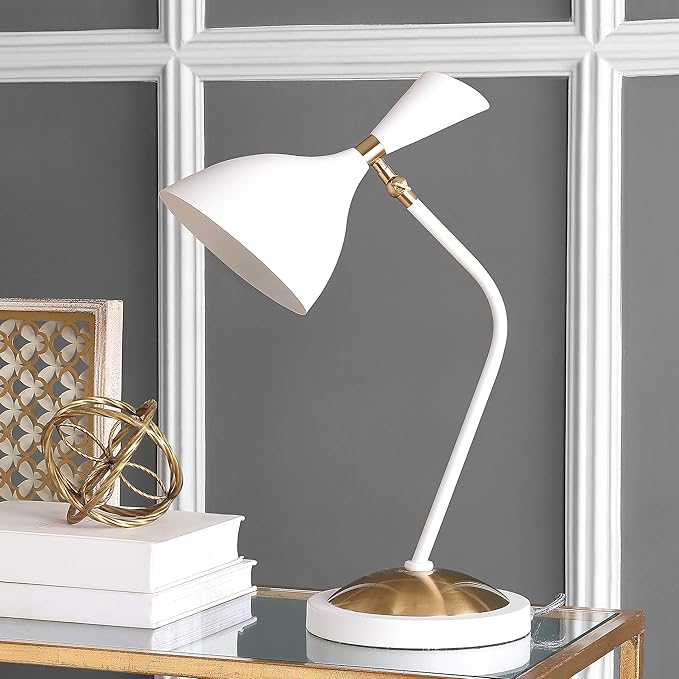 JONATHAN Y JYL9065B Albert 21.5" Iron Retro Mid-Century LED Table Lamp Contemporary Glam Bedside Desk Nightstand Lamp for Bedroom Living Room Office College Bookcase, White/Brass Gold