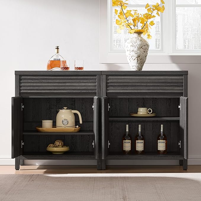 SICOTAS Sideboard Buffet Cabinet with Drawer - 87" Fluted Sideboard Modern Credenza with Doors & Adjustable Shelves, Farmhouse Coffee Bar Media Console for Living Room Kitchen Entryway, Black Oak