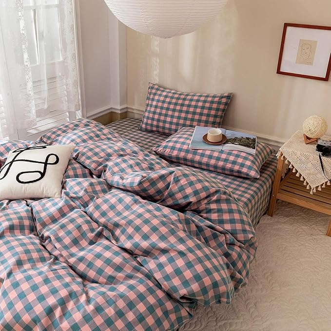 mixinni Pink Blue Purple Checkered Duvet Cover Set - Full Size, 3-Piece 100% Cotton Bedding Set, Soft & Breathable Geometric Plaid with Zipper Closure, Reversible Comforter Cover for All Seasons