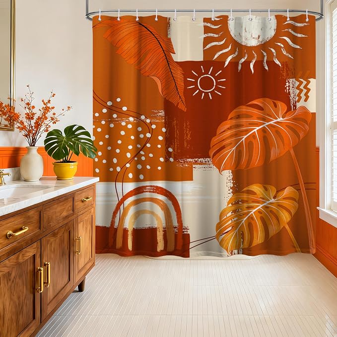 Burnt Orange Mid Century Modern Shower Curtain Boho Abstract Leaf Shower Curtains for Bathroom Decor Sets, Waterproof Cloth Fabric with Hooks, 60x72 Inch
