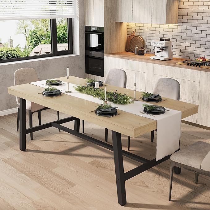 GarveeHome Industrial Dining Table for 6-8 People, 70.87" Long Wooden Kitchen Table with Sturdy Metal Frame & Natural Finish, Seats 6 Rectangular Counter for Dinner, Kitchen, Dining Room - Natural