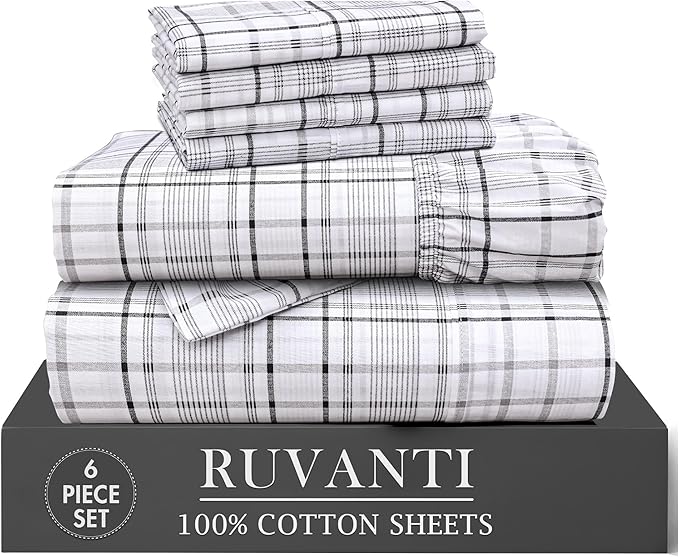 RUVANTI 100% Cotton Percale Sheets Full Size 6 Piece Set, Cooling Bed Sheets for Hot Sleepers, Deep Pocket 16”, Breathable Lightweight & Durable, Crisp Hotel Style Sheets, Open Check