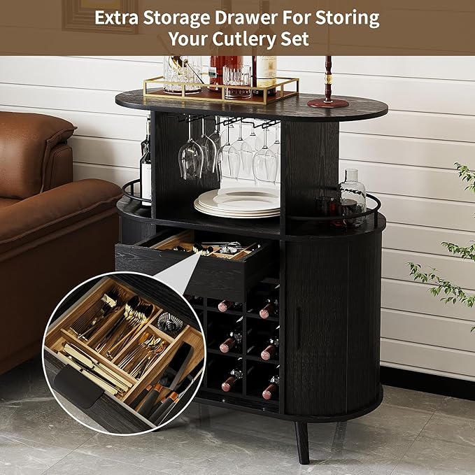 Wine Bar Storage Cabinet, Coffee bar Cabinet for Liquor with Open Wine Rack & Sliding Doors, Modern Home Bar for Living Room, Kitchen, Dining Room（Black