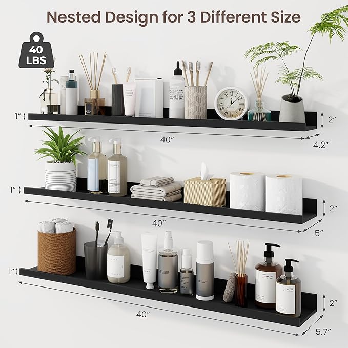 Axeman 40 Inch Floating Shelves | Black Picture Ledge Shelf Set of 3 | Rustic Wood Wall Shelves with Lip | 40" Black Picture Shelf for Wall with Ledge | Photo Shelves