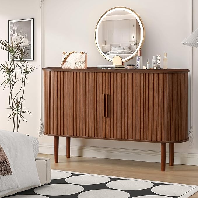 53''Sideboard Buffer Cabinet with Fluted Slide Doors, Modern Credenza Storage Cabinet, Tambour Bar Console Table for Living Dining Room Kitchen Hallway Entryway, Walnut