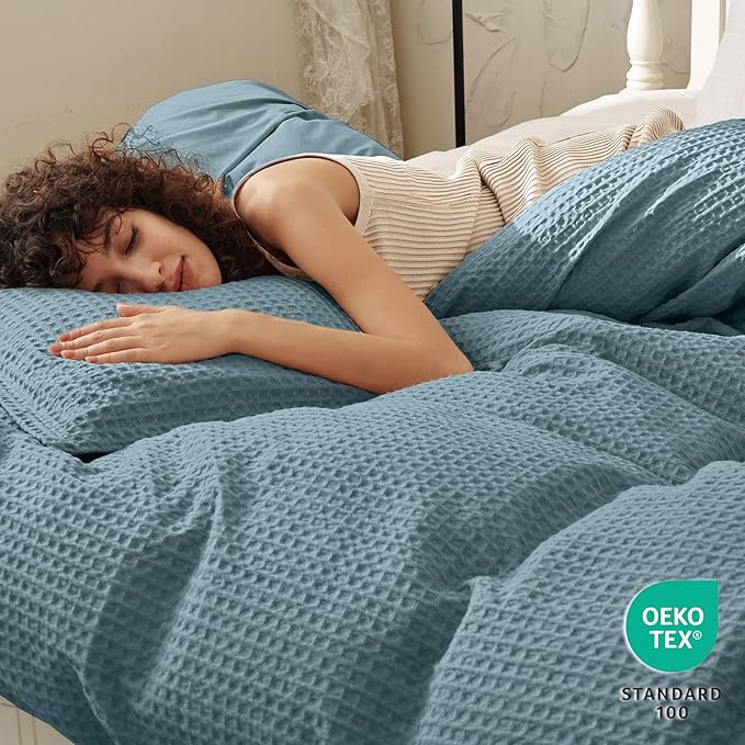 PHF Waffle Duvet Cover Set King Size, No Snagging Ultra Soft Luxury Textured Breathable Comforter Cover for All Season 3pcs, Durable Bedding Duvet Set with 2 Pillow Shams, 104"x90", Stormy Blue
