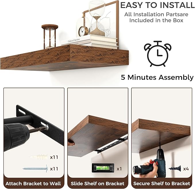 Floating Shelves for Wall, 48" W x 12" D x 2" H, 2 Pack of Long Wall Mounted Engineered Wood Shelves with Invisible Brackets for Living Room, Bedroom, Bathroom, Kitchen Decor, Brown