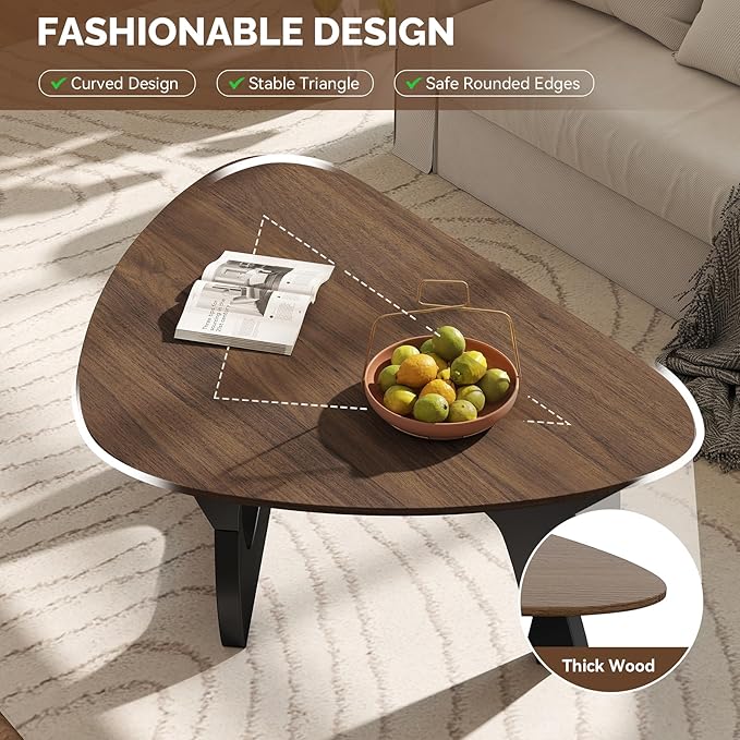 Modern Wood Coffee Table, Triangle Center Table with Premium Wooden Top& Unique Base, 35.5” Small Mid Century Tea Tables for Living Room, Apartment, Office,Walnut & Black