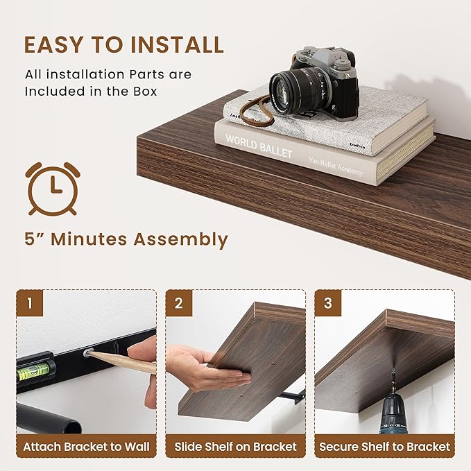 fuqing Floating Shelves for Wall, Wall Mounted Wood Floating Shelf with Invisible Brackets for Living Room, Bathroom, Bedroom, Kitchen Storage and Decor, 16 Inch Set of 2, Walnut