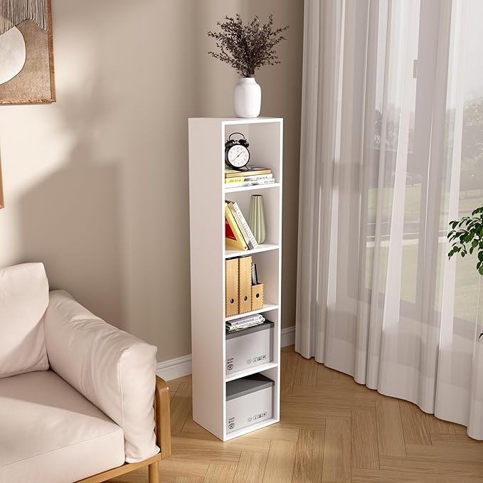 5-Tier Wooden Cube Storage Organizer, 52 Inch Tall Bookcase & Display Shelf with 5 Open Cubes, Freestanding DIY Closet Shelving Unit for Living Room Bedroom Office (White, 5 Cube-W(11.8inch)