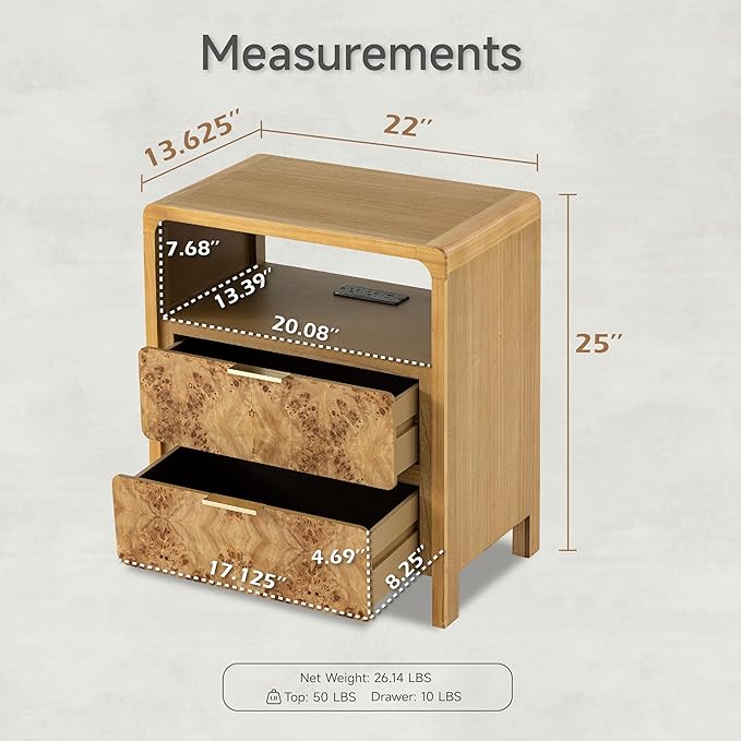 COZAYH Set of 2 Farmhouse 2 Drawer Nightstand with Charging Station, Side Table with Power Outlet, USB and Type-C Ports, Burl Wood Finish, Natural