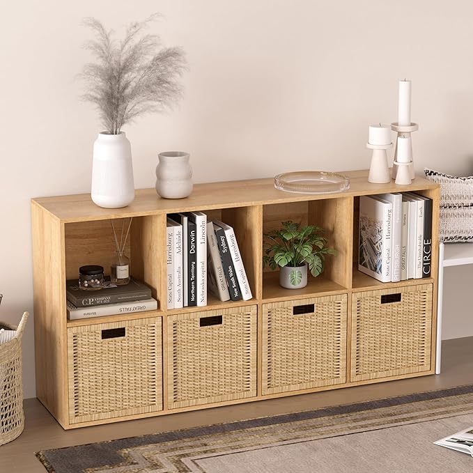 Wooden 8 Cube Storage Organizer with Closed Back Panel,Oak Cube Shelf Cubby Storage Organizer with Compartments for Living,Bookshelf, Easy to Install (Oak, 8 Cube-11in)